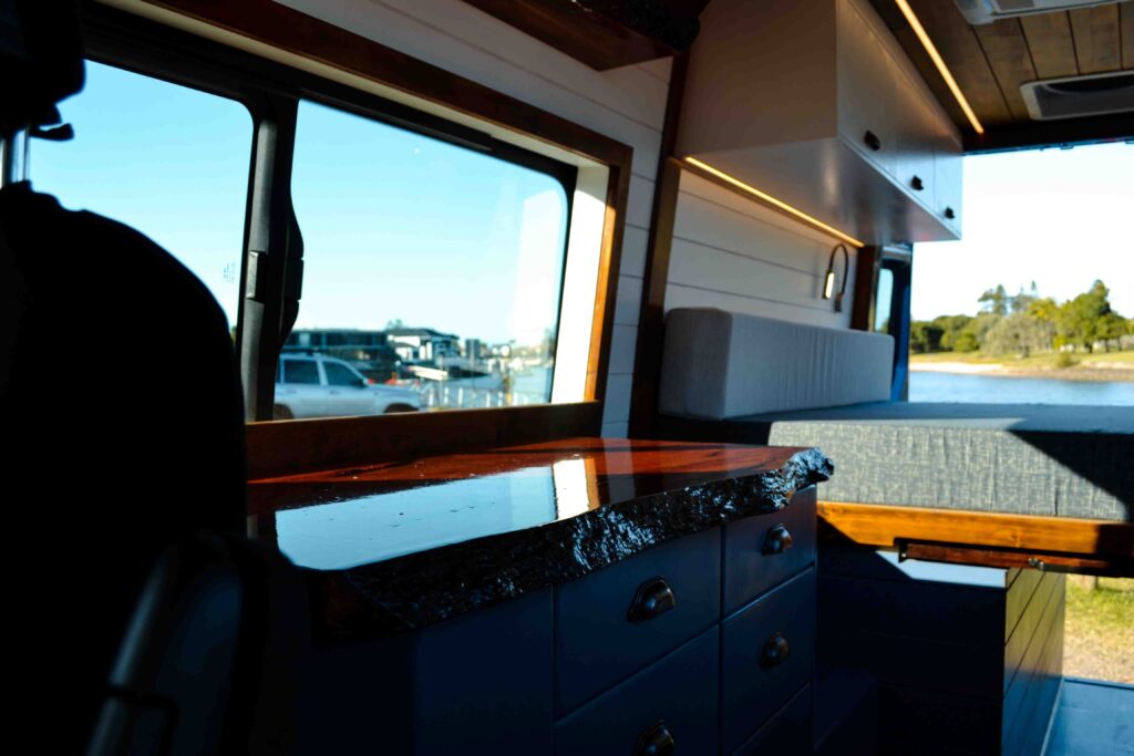 Revanped Bespoke Camper Van / RV Fitout - Grant & Janet VW Crafter - Live Edge hardwood benchtop and custom cabinetry