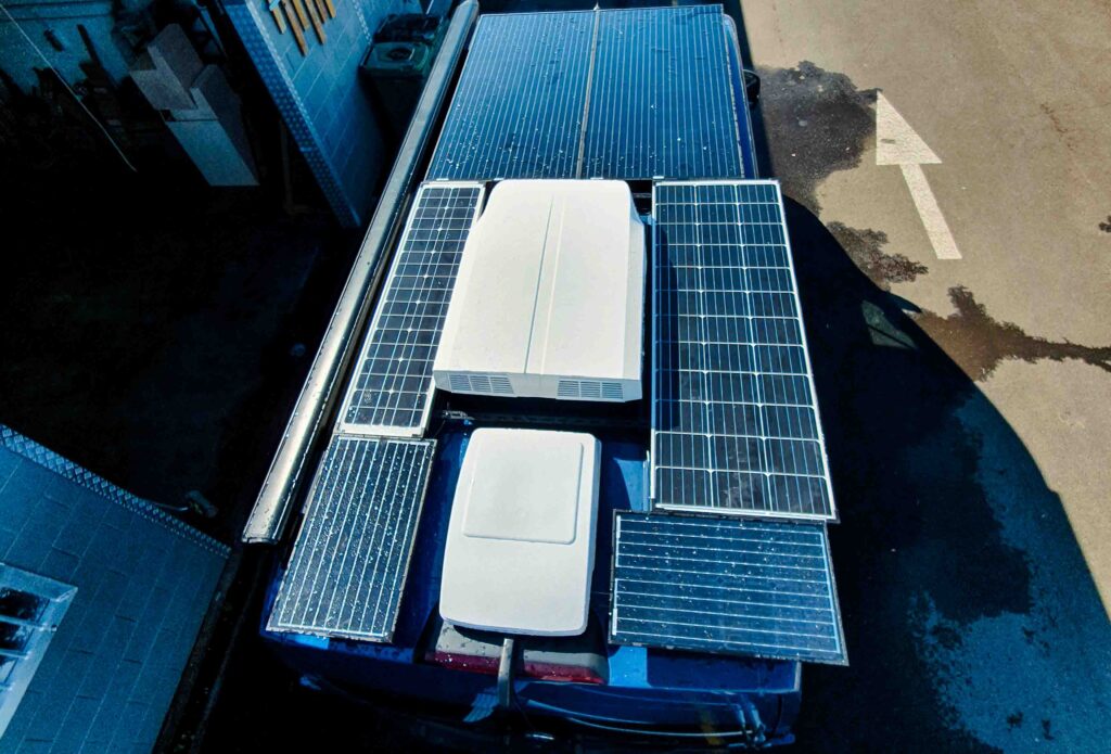 Revanped Bespoke Camper Van / RV Fitout - Grant & Janet VW Crafter - Roof Overview, Full Size Solar Panels, Dometic Aircon Unit