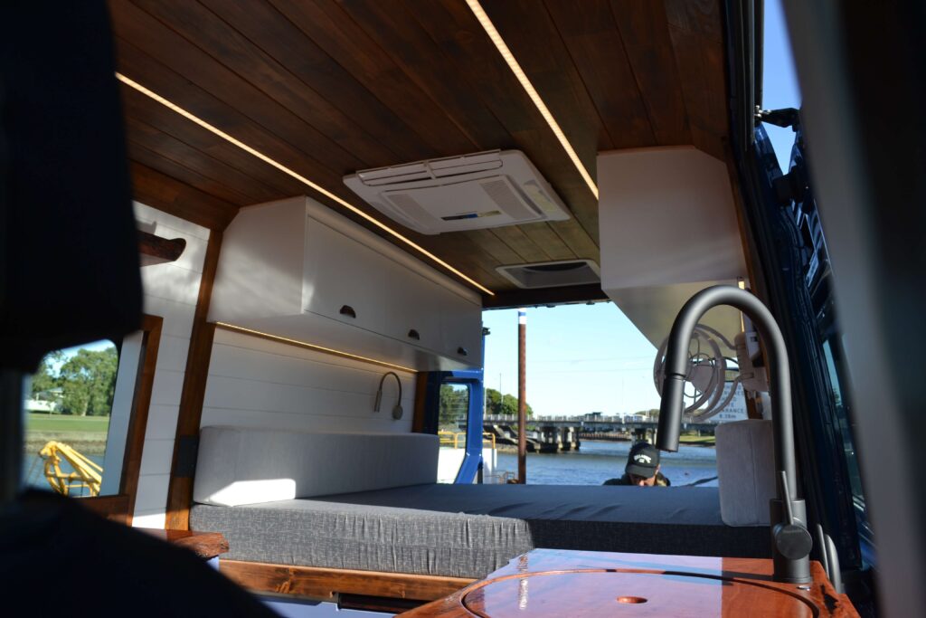 Revanped Bespoke Camper Van / RV Fitout - Grant & Janet VW Crafter - Roof Strip Lighting, Full Size Bed & Custom Cabinetry