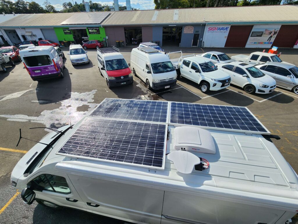 4 Voices Mobile Office Fitout - Revanped Custom Van Conversions Sunshine Coast - Solar Panel, Arial and MaxxAir Fan