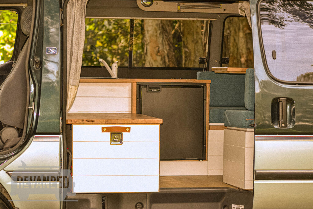 Revanped Bespoke Camper Van / RV Fitout - Ian Toyota Hiace Conversion - Side Door Pull Out Kitchen Cabinet