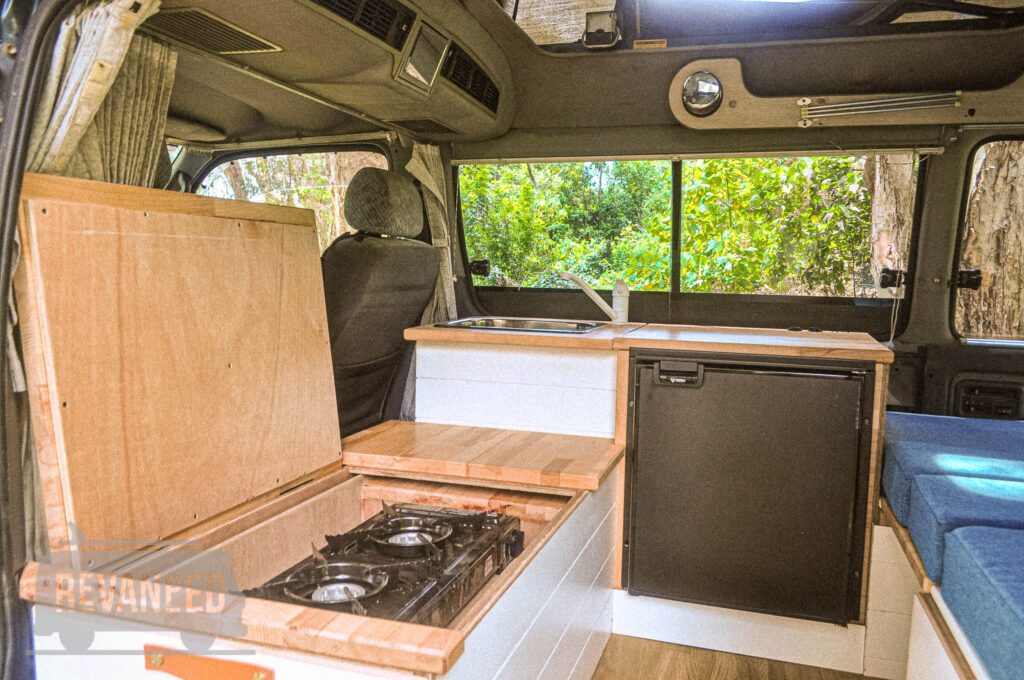 Revanped Bespoke Camper Van / RV Fitout - Ian Toyota Hiace Conversion - Side Door Kitchen Cabinet with internal access