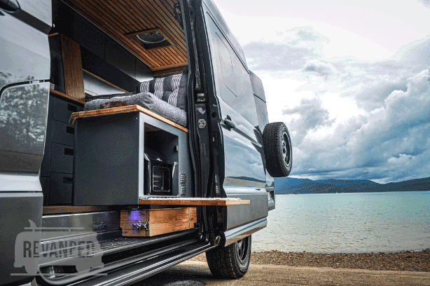 Revanped Custom Camper Van / RV Fitout - Mels VW Crafter - Side Door Cabinet Storage