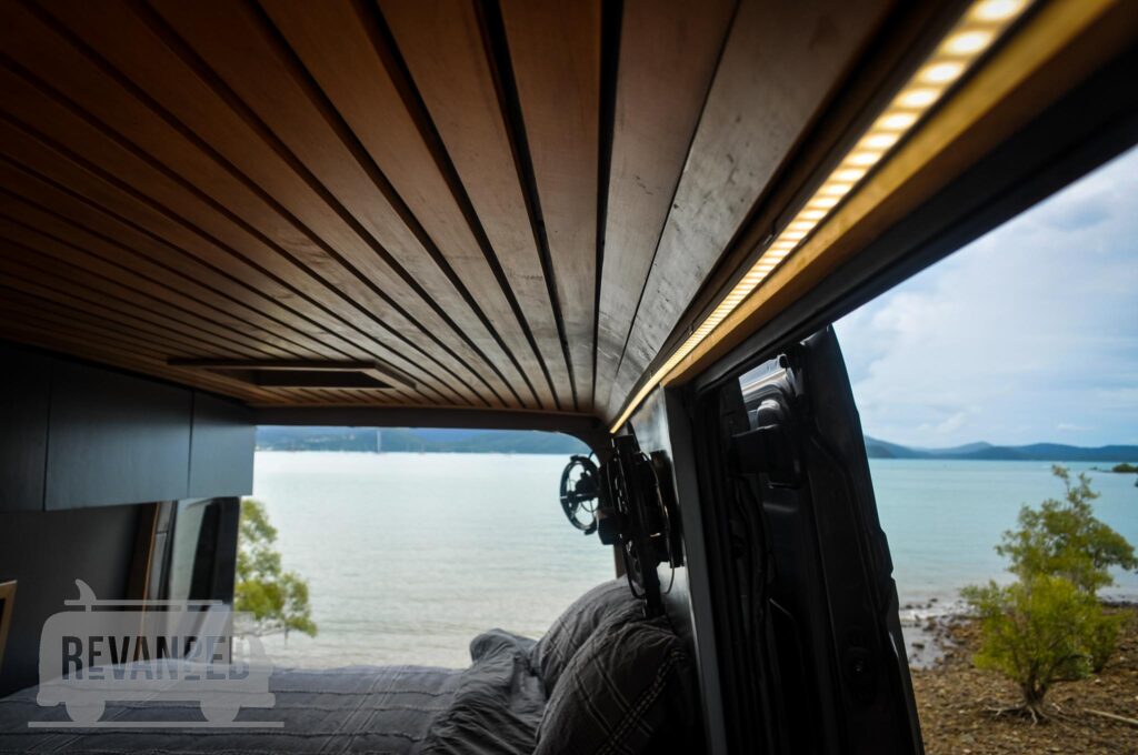 Revanped Custom Camper Van / RV Fitout - Mels VW Crafter - Bespoke Tiber Roof Lining with led strip lights