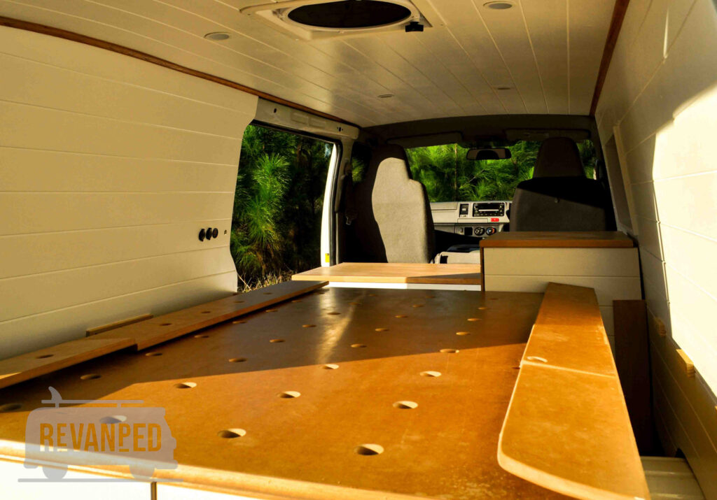 Revanped Custom Camper Van / RV Fitout - Shellys Toyota Hiace Conversion - Custom Bed Base with ventilation holes