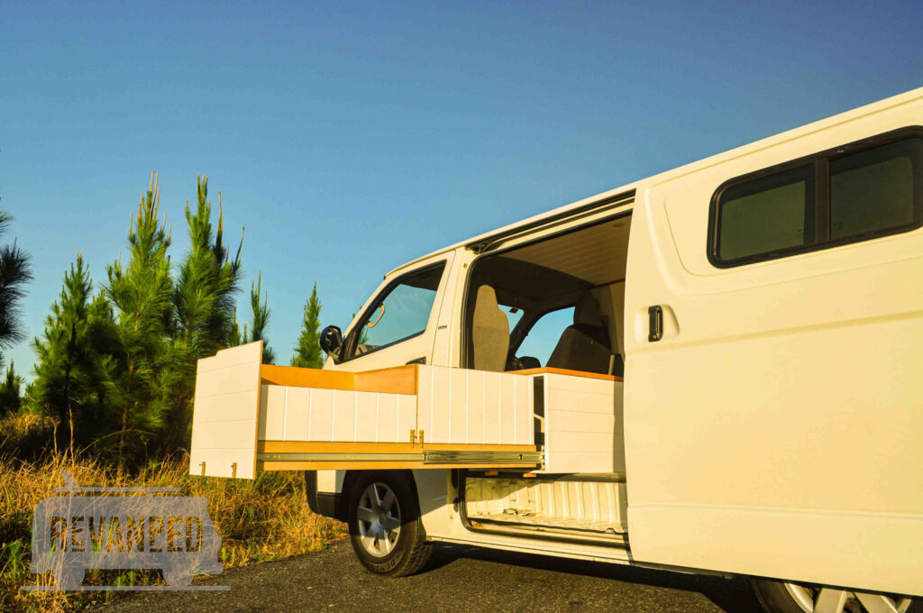 Revanped Custom Camper Van / RV Fitout - Shellys Toyota Hiace Conversion - Side Door Pull Out Kitchen Storage Drawer