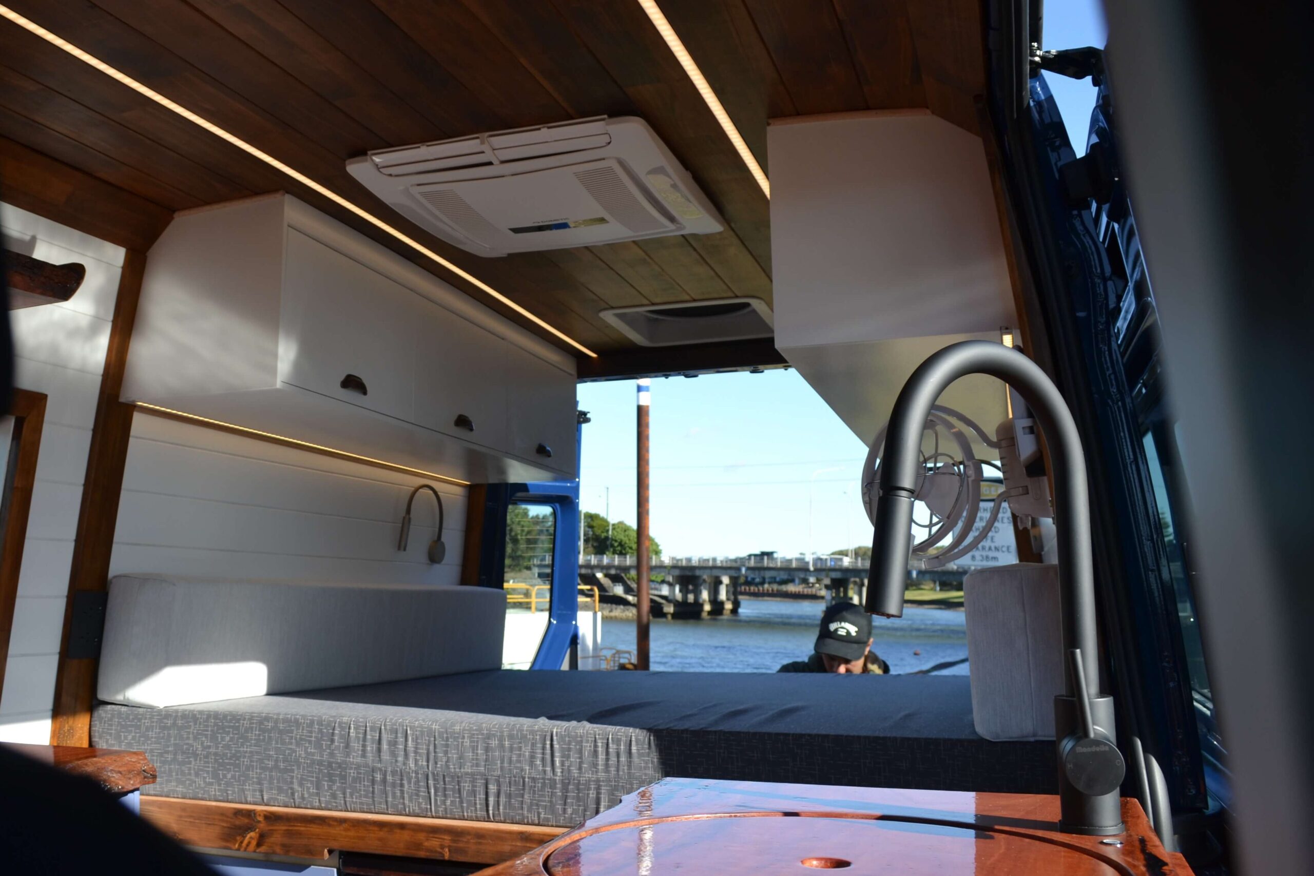 Revanped Bespoke Camper Van / RV Fitout - Grant & Janet VW Crafter - Roof Strip Lighting, Full Size Bed & Custom Cabinetry